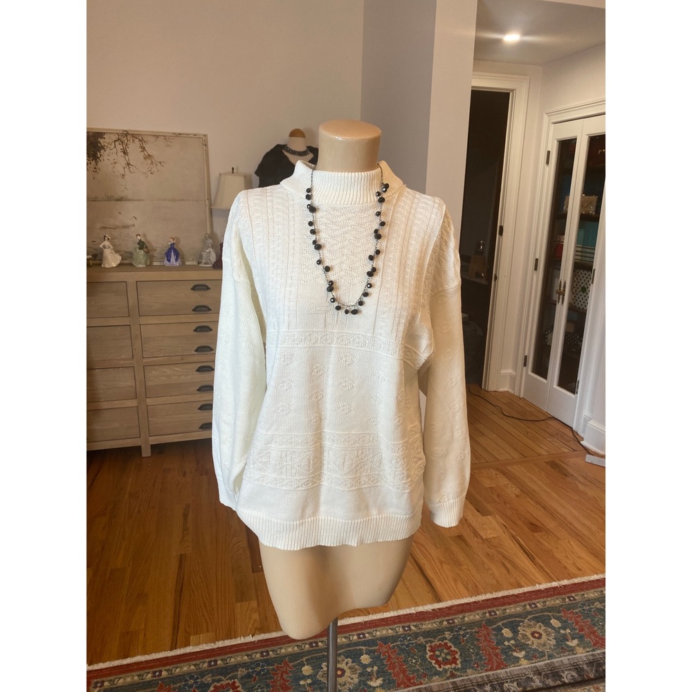 American Pride Vintage White Mock Neck Geometric Knit Sweater Large Made in USA